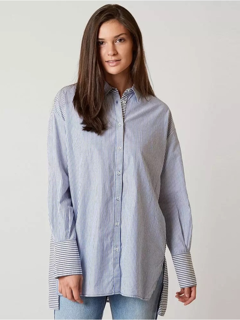 Free People Lakehouse Striped Oversized Button Down Shirt Blue White Medium - Picture 8 of 8